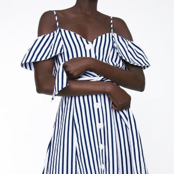 ZARA Cold Shoulder Nautical Navy Blue White Stripe Cotton Midi Dress - Picture 6 of 13